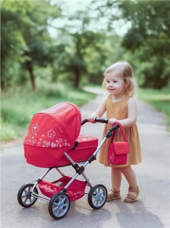 NEW BABY Dětský kočárek pro panenky 2v1 Monika červený POUZE Flowers - Růžová (VÝPRODEJ)