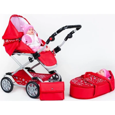NEW BABY Dětský kočárek pro panenky 2v1 Monika červený POUZE Flowers - Růžová (VÝPRODEJ)