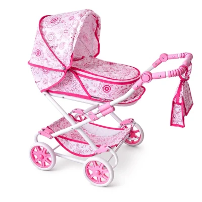 NEW BABY Dětský kočárek pro panenky 2v1 Monika červený POUZE Flowers - Růžová (VÝPRODEJ)