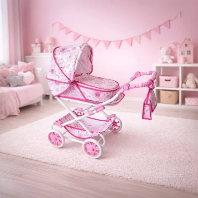 NEW BABY Dětský kočárek pro panenky 2v1 Monika červený POUZE Flowers - Růžová (VÝPRODEJ)