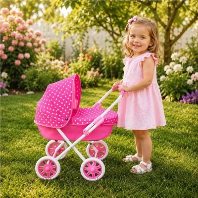 NEW BABY Dětský kočárek pro panenky 2v1 Monika červený POUZE Flowers - Růžová (VÝPRODEJ)
