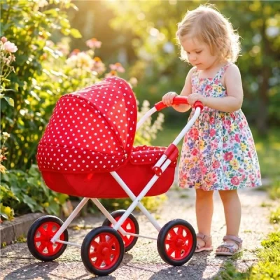 NEW BABY Dětský kočárek pro panenky 2v1 Monika červený POUZE Flowers - Růžová (VÝPRODEJ)