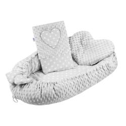 New Baby Luxusní hnízdečko s polštářkem a peřinkou z Minky Srdíčko šedé