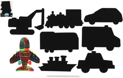 Obrázek škrabací duhový výřez dopravní prostředky set 8ks s nástrojem Obrázek škrabací duhový výřez dopravní prostředky set 8ks s nástrojem