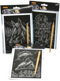 Obrázek škrabací stříbrný zvířátka A5 set s nástrojem různé druhy