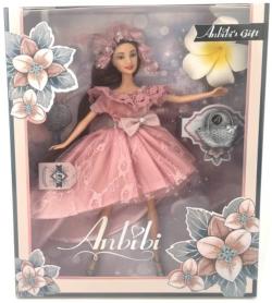 Panenka Anbibi růžové šaty dlouhé tmavé vlasy set s doplňky