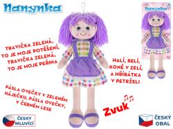 Panenka Nanynka textilní fialová látková mluví zpívá na baterie hadrová Zvuk CZ PLYŠ