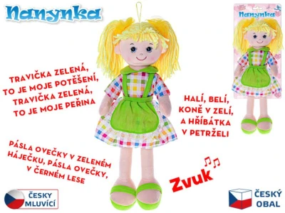 Panenka Nanynka textilní hadrová žlutá mluví zpívá látková na baterie Zvuk CZ PLYŠ