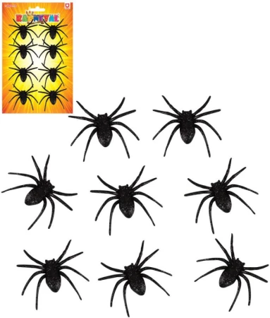 Pavúk čierny trblietavý 6cm halloween dekorácia set 8ks na karte Pavúk čierny trblietavý 6cm halloween dekorácia set 8ks na karte