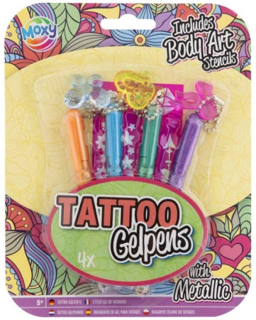 Pera gelová tetovací metalická set 4 barvy se šablonami a přívěsky Pera gelová tetovací metalická set 4 barvy se šablonami a přívěsky