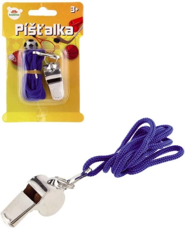 Píšťalka sportovní kovová se šňůrkou 5cm soudcovská na kartě Píšťalka sportovní kovová se šňůrkou 5cm soudcovská na kartě
