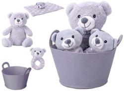 PLYŠ Medvídek šedý set s chrastítkem a usínáčkem v košíku pro miminko