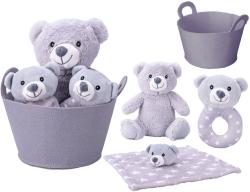 PLYŠ Medvídek šedý set s chrastítkem a usínáčkem v košíku pro miminko