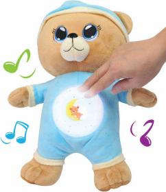 PLYŠ Medvídek usínáček 32cm modrý na baterie promítá hvězdnou oblohu Světlo Zvuk