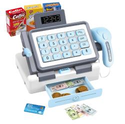 Pokladna s efekty modrá 25cm funkce kalkulačky, mikrofon, šuplík na peníze Pokladna s efekty modrá 25cm funkce kalkulačky, mikrofon, šuplík na peníze