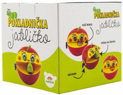 Pokladnička červavé jablko dětská kasička s červíkem na natažení