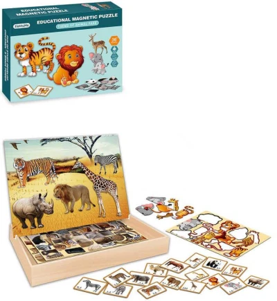 Puzzle magnetické na desce Safari skládačka s předlohami v krabici Puzzle magnetické na desce Safari skládačka s předlohami v krabici