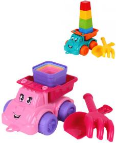 Sada na písek baby autíčko s očima s formičkami a 2 nástroji 2 barvy