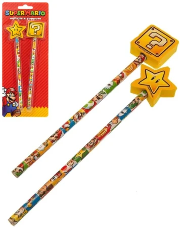 Školní dětský set 2 obyčejné tužky + topper Super Mario potřeby pro školáky Školní dětský set 2 obyčejné tužky + topper Super Mario potřeby pro školáky