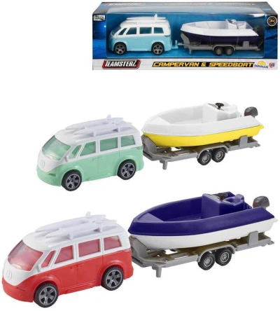 Teamsterz auto karavan kovový set s přívěsem a motorovým člunem 4 barvy Teamsterz auto karavan kovový set s přívěsem a motorovým člunem 4 barvy