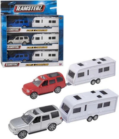 Teamsterz set auto teréní jeep + karavan 3 barvy v krabičce Teamsterz set auto teréní jeep + karavan 3 barvy v krabičce