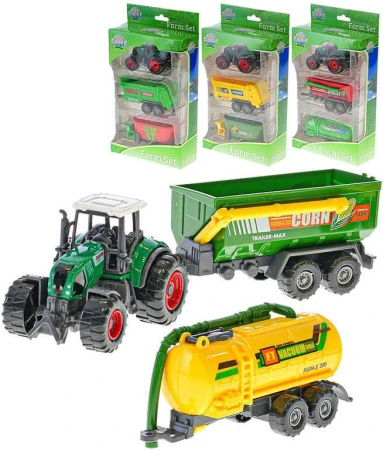 Traktor 9cm set se 2 vlečkami 4 druhy plast v krabici Traktor 9cm set se 2 vlečkami 4 druhy plast v krabici