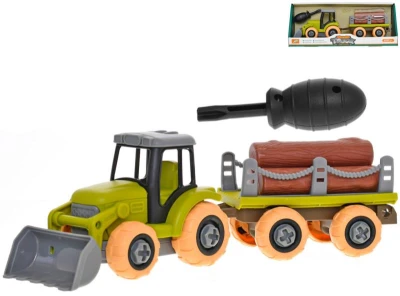 Traktor s vlečkou montážní šroubovací set s nástrojem a kládami dřeva volný chod Traktor s vlečkou montážní šroubovací set s nástrojem a kládami dřeva volný chod