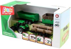 Traktor zelený se 3 přívěsy a kládami dřeva herní set v krabici plast