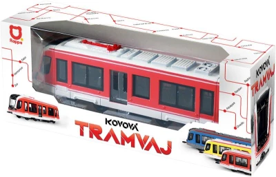 Tramvaj červená kovová MHD Městská hromadná doprava zpětný chod