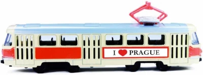Tramvaj česká kovová 16cm zpětný chod I Love Prague model v krabici