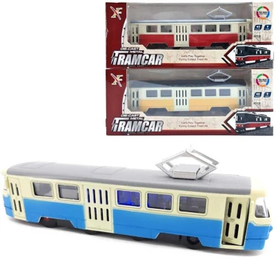 Tramvaj kovová s efekty 16cm na baterie zpětný chod Světlo Zvuk Tramvaj kovová s efekty 16cm na baterie zpětný chod Světlo Zvuk