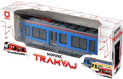 Tramvaj modrá kovová MHD Městská hromadná doprava zpětný chod