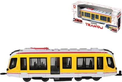 Tramvaj žlutá kovová MHD Městská hromadná doprava zpětný chod Tramvaj žlutá kovová MHD Městská hromadná doprava zpětný chod