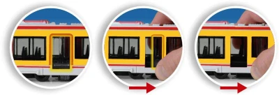 Tramvaj žlutá kovová MHD Městská hromadná doprava zpětný chod
