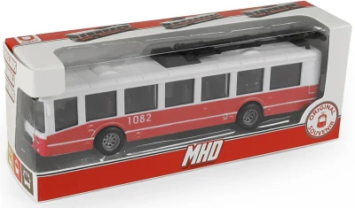 Trolejbus červený na setrvačník MHD městská hromadná doprava otevírací dveře