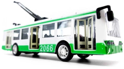 Trolejbus kovový s efekty 16cm na baterie zpětný chod Světlo Zvuk
