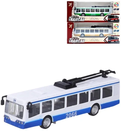 Trolejbus kovový s efekty 16cm na baterie zpětný chod Světlo Zvuk Trolejbus kovový s efekty 16cm na baterie zpětný chod Světlo Zvuk