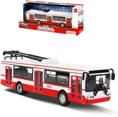 Trolejbus MHD 16cm červeno-bílý kovový na zpětný chod v krabici Trolejbus MHD 16cm červeno-bílý kovový na zpětný chod v krabici