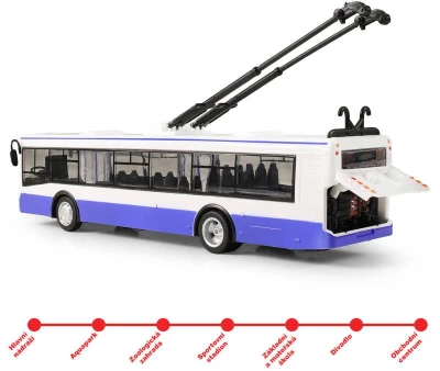 Trolejbus MHD modrý zpětný chod hlásí stanice na baterie Světlo Zvuk CZ