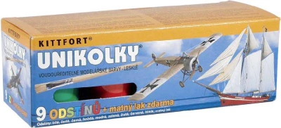 Unikolky modelářské lesklé barvy set 9 barev + matný lak ZDARMA vodou ředitelné