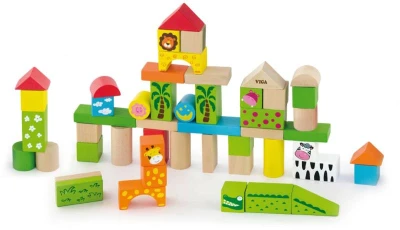 Viga DŘEVO Baby stavebnice ZOO kostky 50ks v kyblíku (dřevěná hračka)