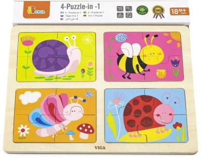Viga DŘEVO Puzzle na desce 4v1 hmyz baby skládačka 16 dílků