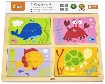 Viga DŘEVO Puzzle na desce 4v1 mořská zvířátka baby skládačka 16 dílků
