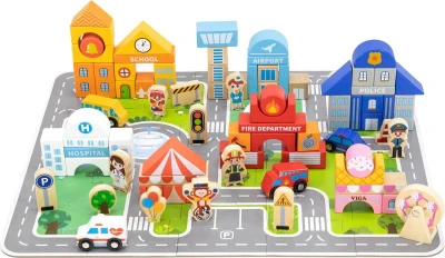 Viga DŘEVO Stavebnice baby město herní set na puzzle podložce s doplňky v kyblíku Viga DŘEVO Stavebnice baby město herní set na puzzle podložce s doplňky v kyblíku