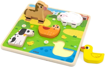 Viga DŘEVO Vkládačka Zvířátka farma puzzle vkládací na desce 5 dílků