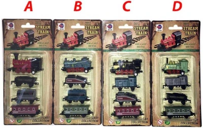 Vlak kovový mini historický set mašinka + 3 vagónky zpětný nátah 4 druhy na kartě