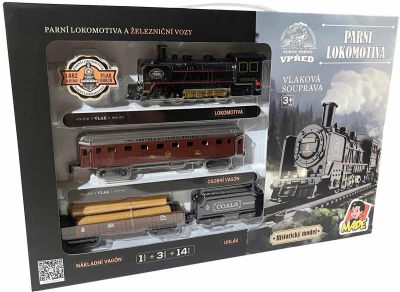 Vlaková souprava historická retro parní lokomotiva + 3 vagony na baterie Světlo