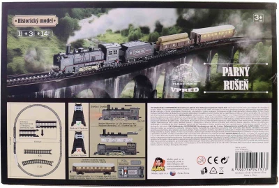 Vlaková souprava historická retro parní lokomotiva + 3 vagony na baterie Světlo