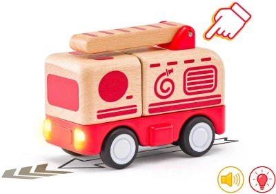 Woody DŘEVO Auto baby hasiči na setrvačník na baterie Světlo Zvuk