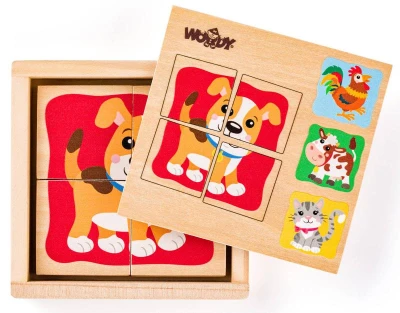 Woody DŘEVO Baby minipuzzle Domácí zvířátka 4x4 dílky v krabičce 4v1